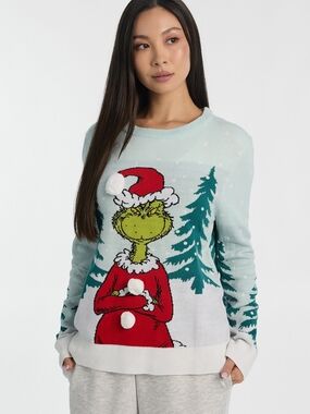 NWT The Grinch Light Blue Holiday Grinch Sweater with Red Accents S